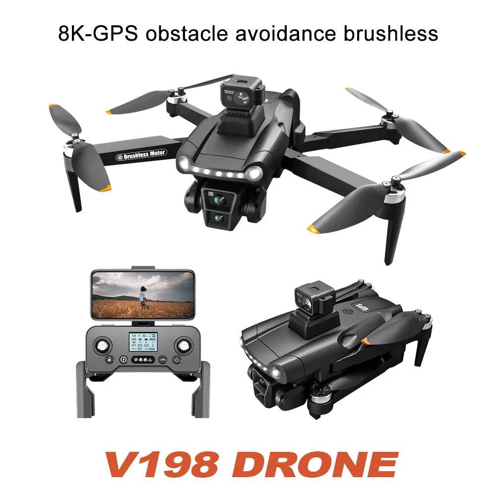 Dron plegable negro con hélices naranjas, cámara frontal y luces de navegación