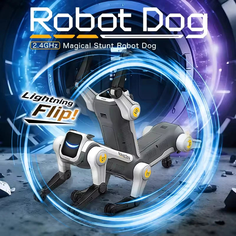 Perro robot RC blanco gris con luces LED azules, mostrando movimiento tipo garra.