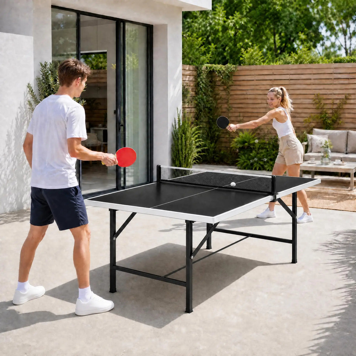 Mesa de tenis de mesa plegable de 150 cm con red, 2 raquetas y 3 pelotas, resistente al agua, 19 kg.