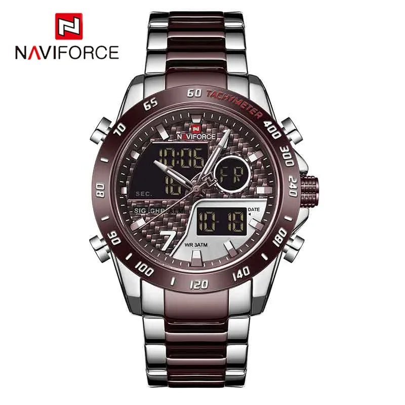 Reloj de hombre de marca superior NAVIFORCE, reloj deportivo militar de doble pantalla, resistente al agua, reloj de cuarzo con correa de acero de lujo para hombre