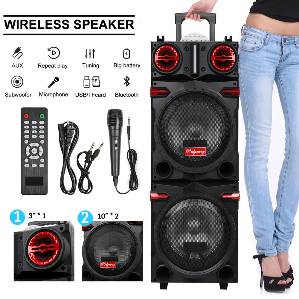 Bocina Bluetooth Portátil de 9000W Sistema de Sonido Bass Pesado Fiesta Doble Subwoofer de 10" Luz Led Recargable Bocina Potente para Dj