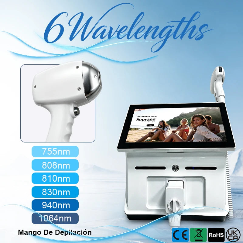Máquina Portátil de Depilación Láser de Diodo Soprano Ice Titanium de 6000W, 6 Ondas, 808nm, Dispositivo de Depilación Permanente de Cuerpo Completo, 10bar6