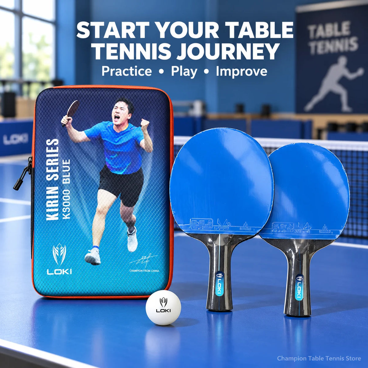 Juego de raquetas de tenis de mesa LOKI K5000, 1 ud./2 uds., raquetas de Ping Pong para entretenimiento en el hogar con goma de Ping Pong de Color azul