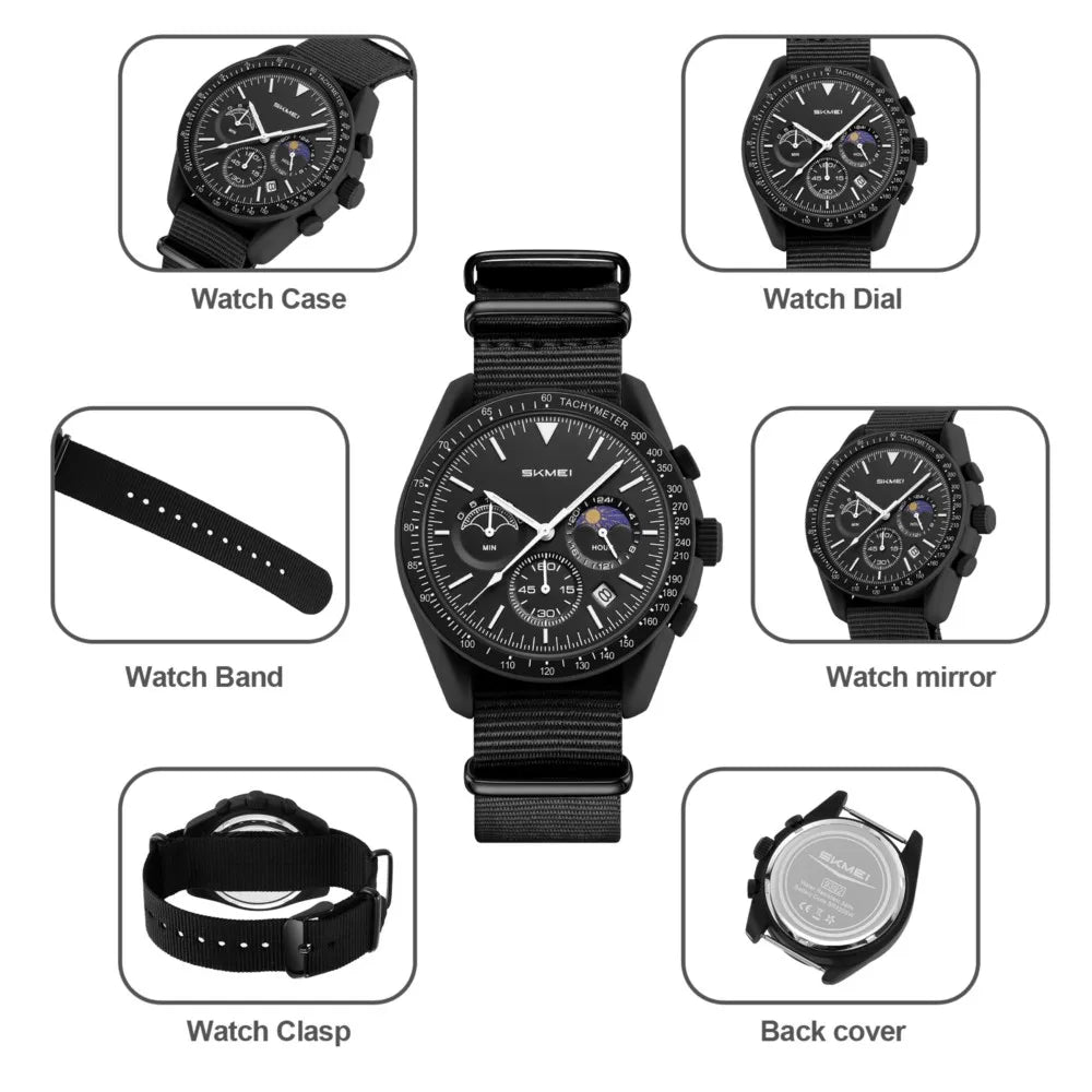 SKMEI Unisex Round Quartz Watch Nylon Strap Moon Phase Chronograph Tachymeter Date Lightweight Wristwatch for Men Women 9392