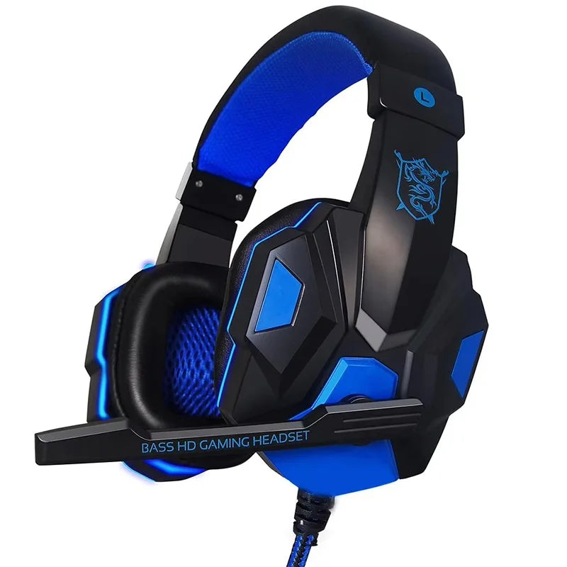 Auriculares gaming over-ear con diadema ajustable, almohadillas azules y luz LED azul.