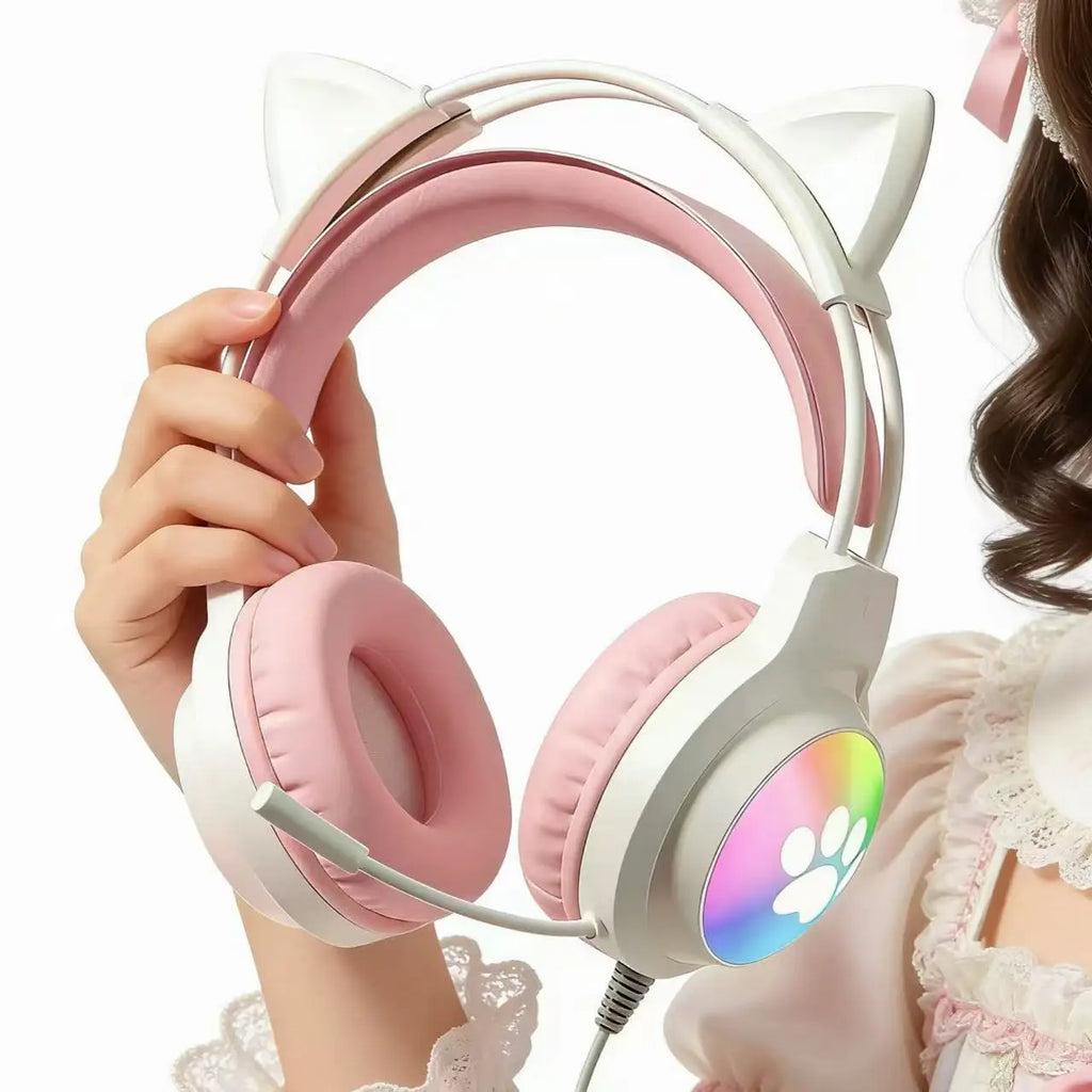 Auriculares para juegos SOYTO Pink Cat Ear, auriculares con cable con luz LED RGB, micrófono con cancelación de ruido, sonido estéreo para PC, portátil, gamer, chicas