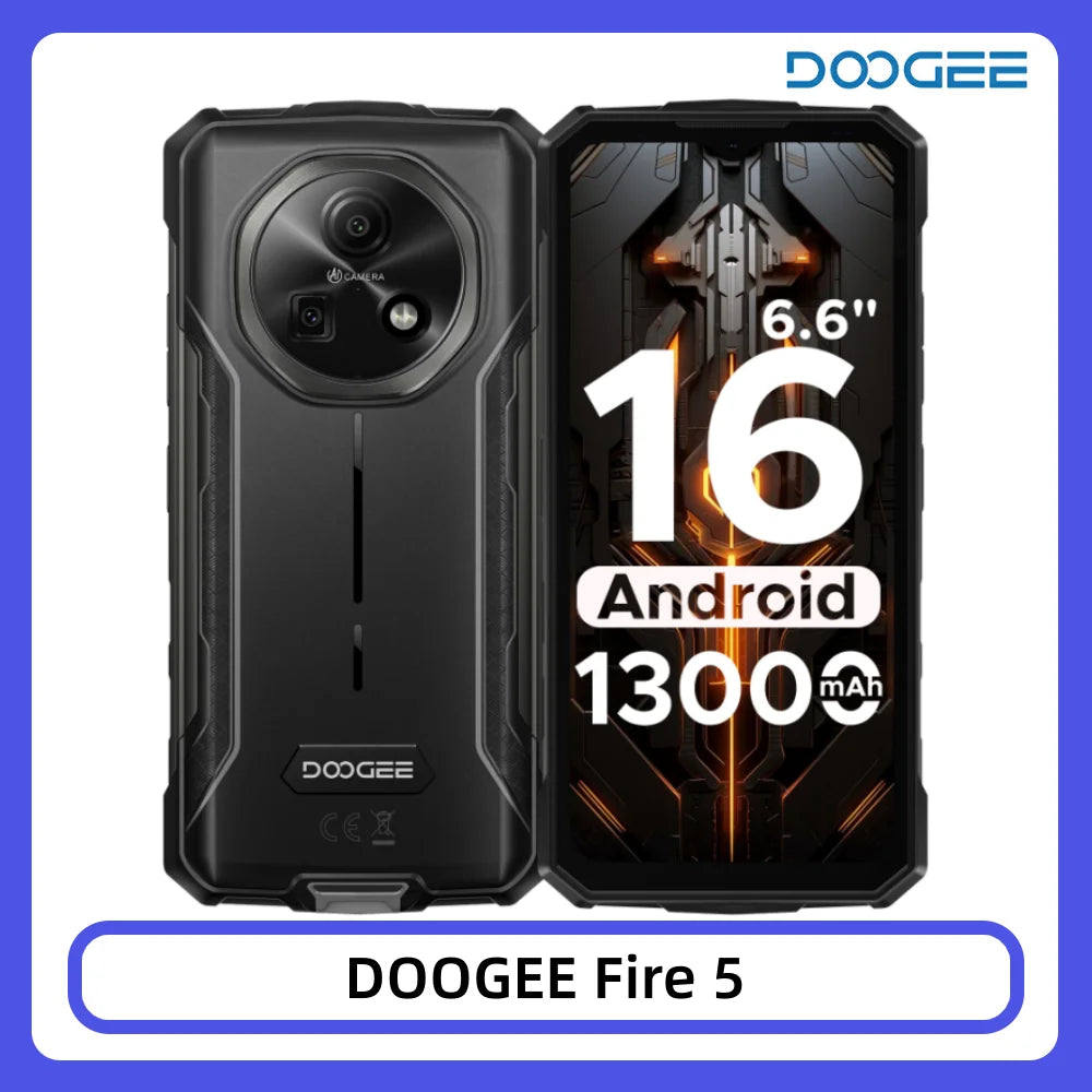 Teléfono resistente DOOGEE Fire 5, batería grande de 13000mAh, pantalla HD+ de 6.6'', 13MP+8MP, 12GB 64GB, NFC, smartphone con Android 16