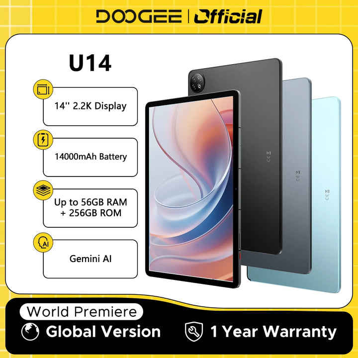 Tableta inteligente Doogee U14, Android, pantalla de 14 pulgadas y resolución 2.2K, 56 GB (8+48), 256 GB, batería de 14000 mAh, Wi-Fi 6, compatibilidad con Gemini AI y Widevine L1.