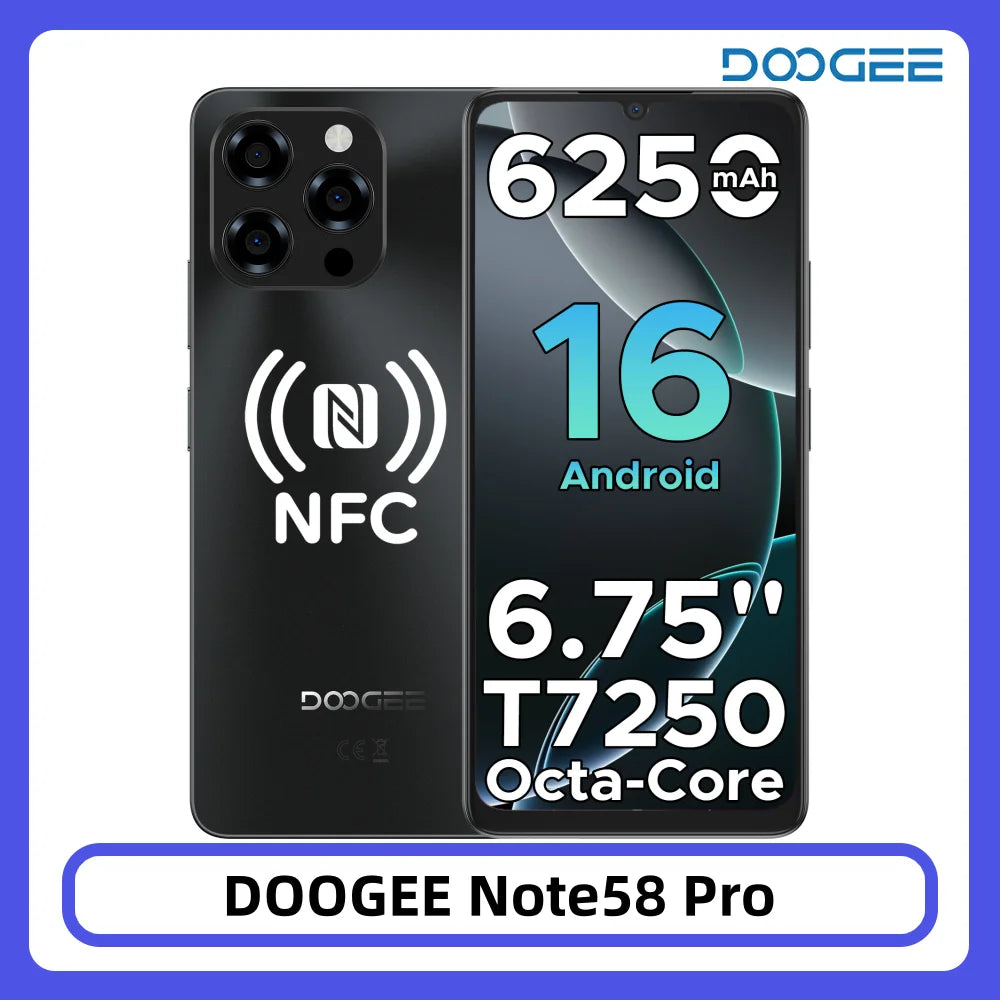 Smartphone DOOGEE Note58 Pro 32GB 256GB 6.75" HD+ 90Hz Batería grande 6250mAh Cámara 16MP Huella dactilar NFC Teléfono móvil Android15