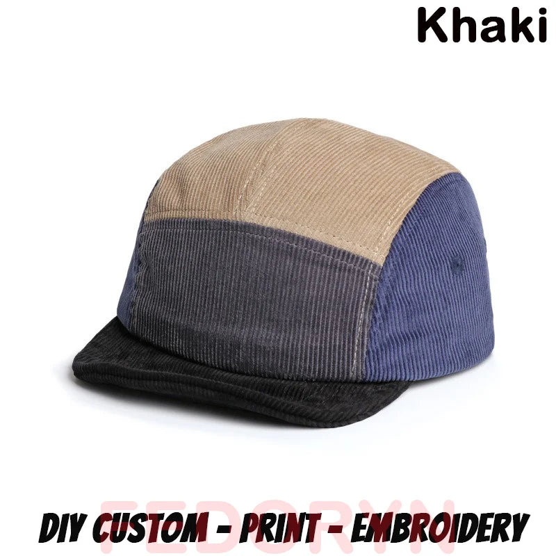 Gorra de béisbol Fedoryn de pana retro con ala corta, bordado personalizado, parche multicolor, 5 paneles, para hombres y mujeres, gorra con logotipo personalizable