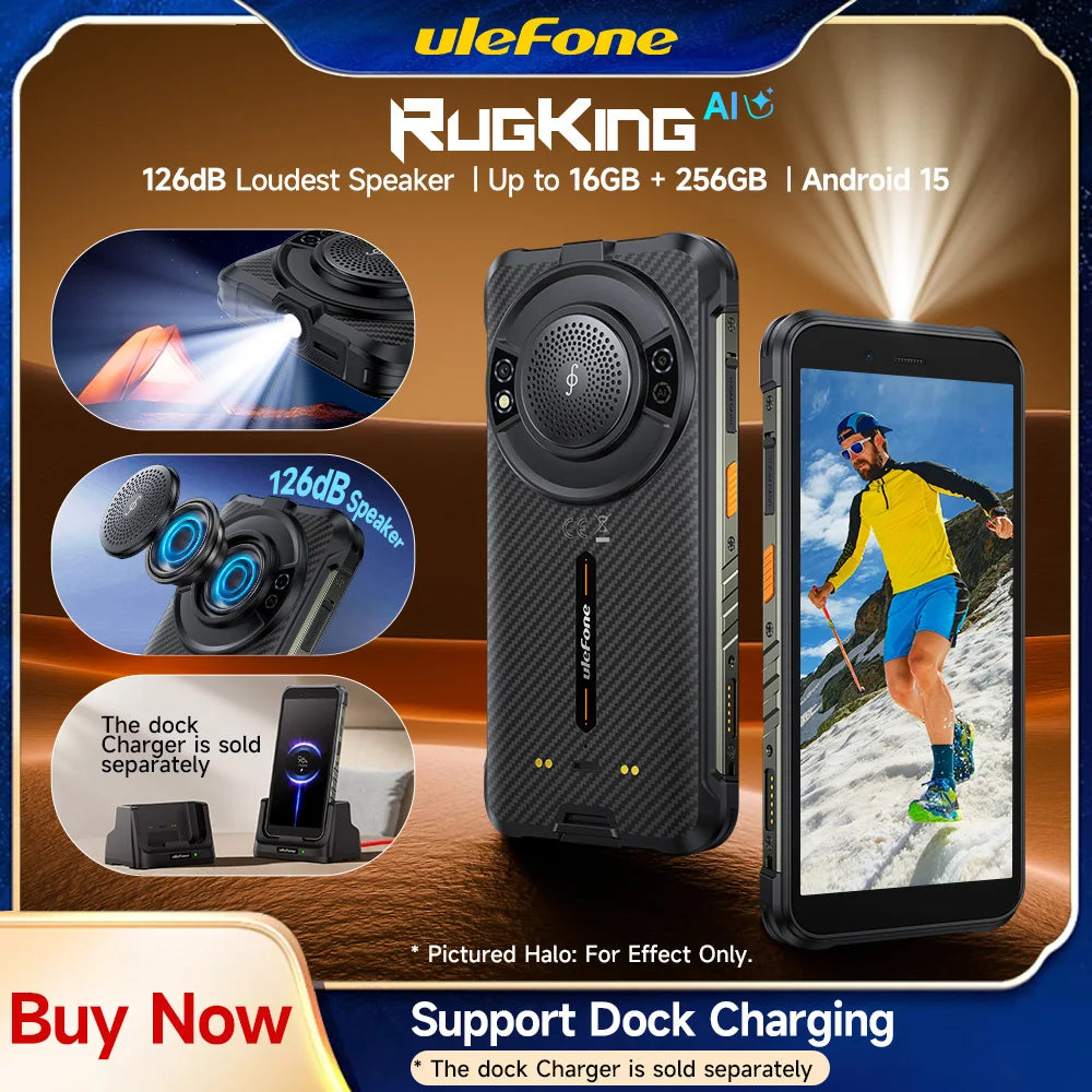 Teléfono resistente Ulefone RugKing 4G, Android 15, hasta 16GB+256GB, smartphone con IA, 9600mAh, resistente al agua, 5.99", 50MP, NFC, versión global, 126dB