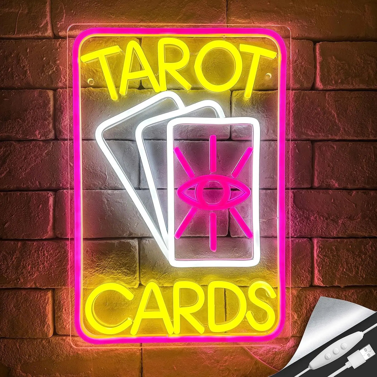 Letrero de neón USB con tarjetas del tarot, marco rosa y letras amarillas y blancas