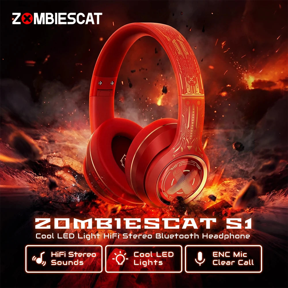 Audífonos Bluetooth Zombescat S1 con Bajos Potentes, Cancelación de Ruido ENC para Llamadas, Auriculares Inalámbricos con Luces LED