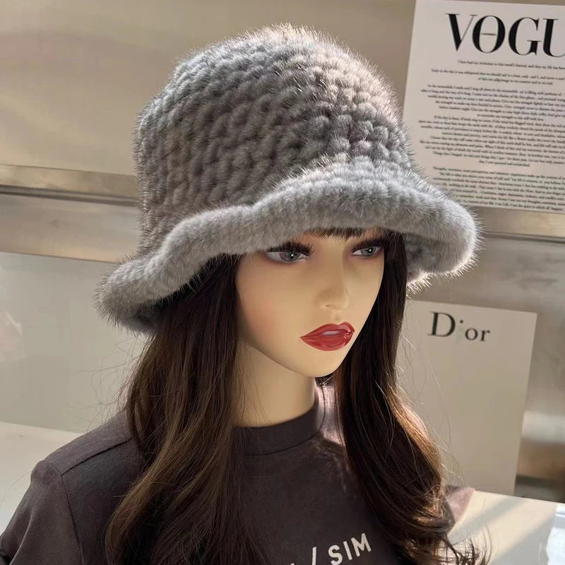 Sombrero de pescador de piel de visón Real para mujer, sombrero de bombardero de piel de visón Natural, sombrero de punto ajustable de lujo, Invierno