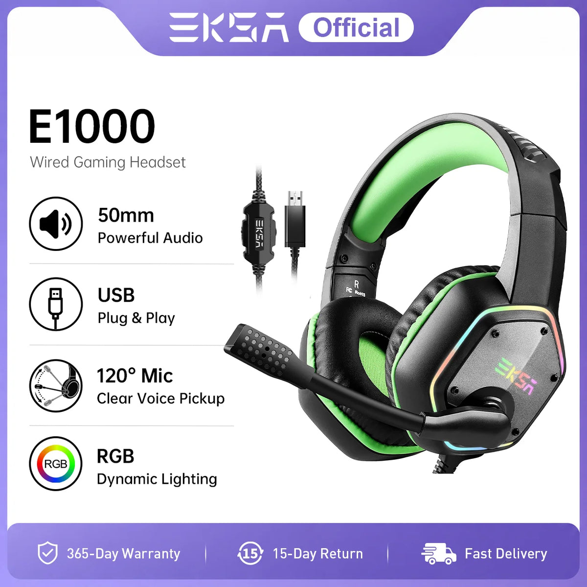 Audífonos gaming con diadema negra y aro verde, micrófono ajustable y luz RGB