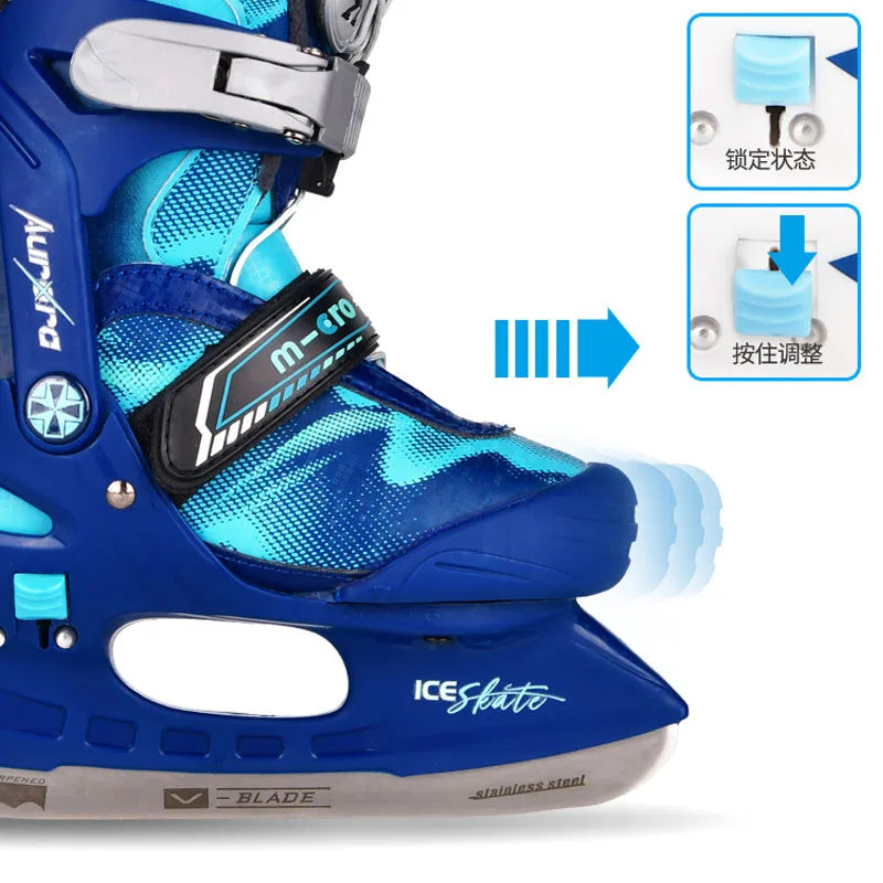 Patines de hielo para niños de tamaño ajustable, cuchillas de acero inoxidable, botas de patinaje sobre hielo con soporte seguro y cálido para principiantes.