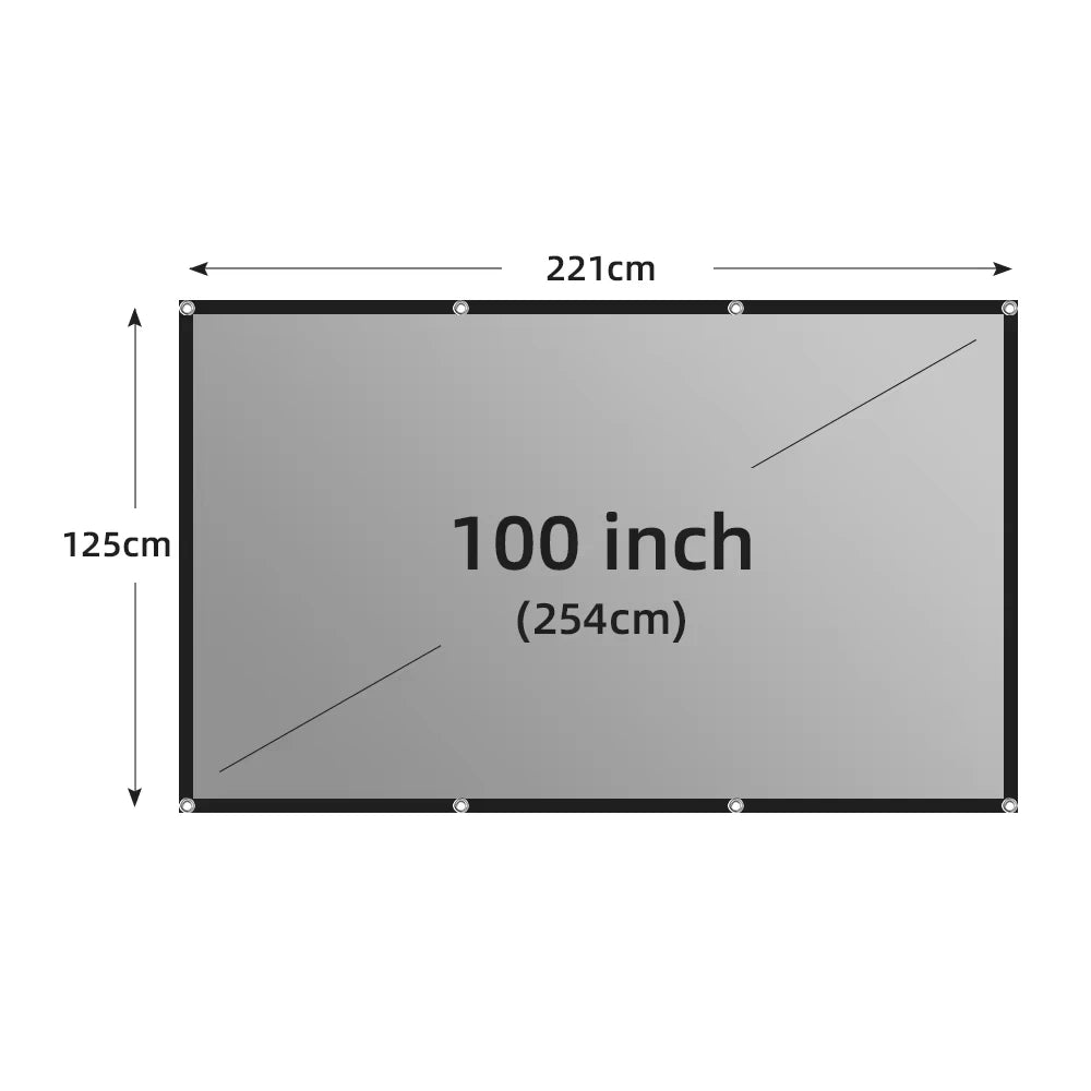 Pantalla de proyección portátil gris, borde negro y ojales, 100 pulgadas (254 cm).