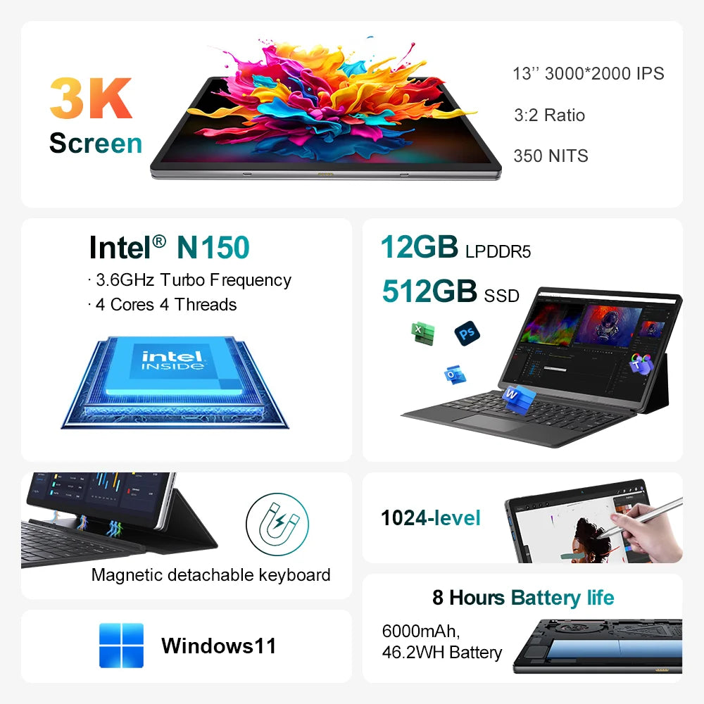 Ninkear S13 Neo 2-in-1 Tablet Pc 13" 3K 3000X2000 Ips Intel N150 12Gb Lpddr5 512Gb Ssd Windows 11 Laptop with Magnetic Keyboard Stylus 6000Mah