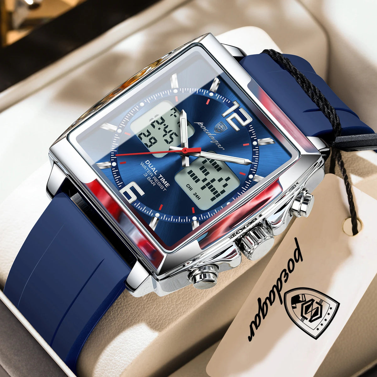 Reloj de pulsera para hombre POEDAGAR Fashion Square, cronógrafo de cuarzo con alarma LED, fecha y día, reloj militar electrónico