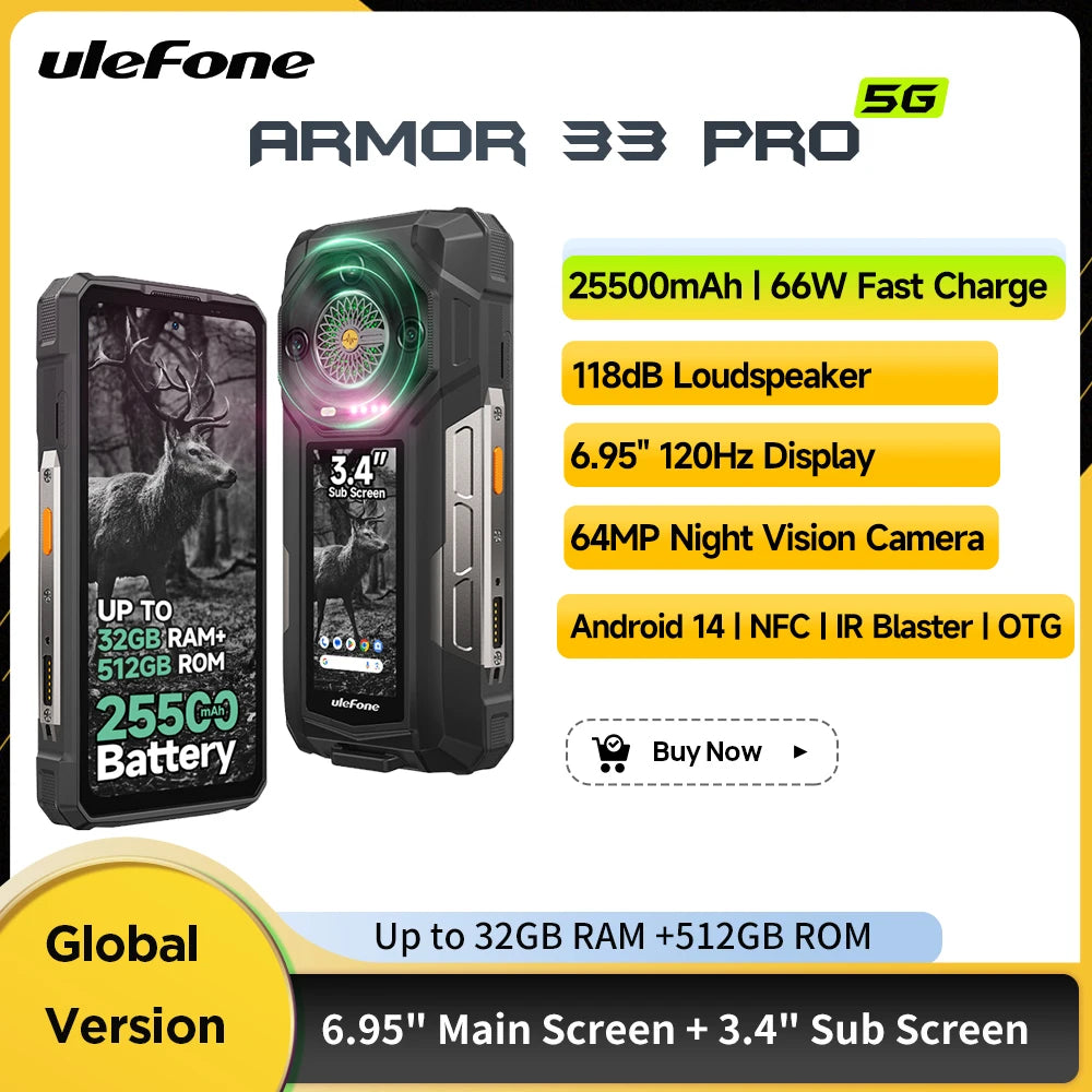 Teléfono resistente Ulefone Armor 33 Pro 5G, smartphone Android 14, 6.95", 120Hz, hasta 32GB+512GB, 25500mAh, NFC, carga de 66W, altavoz potente
