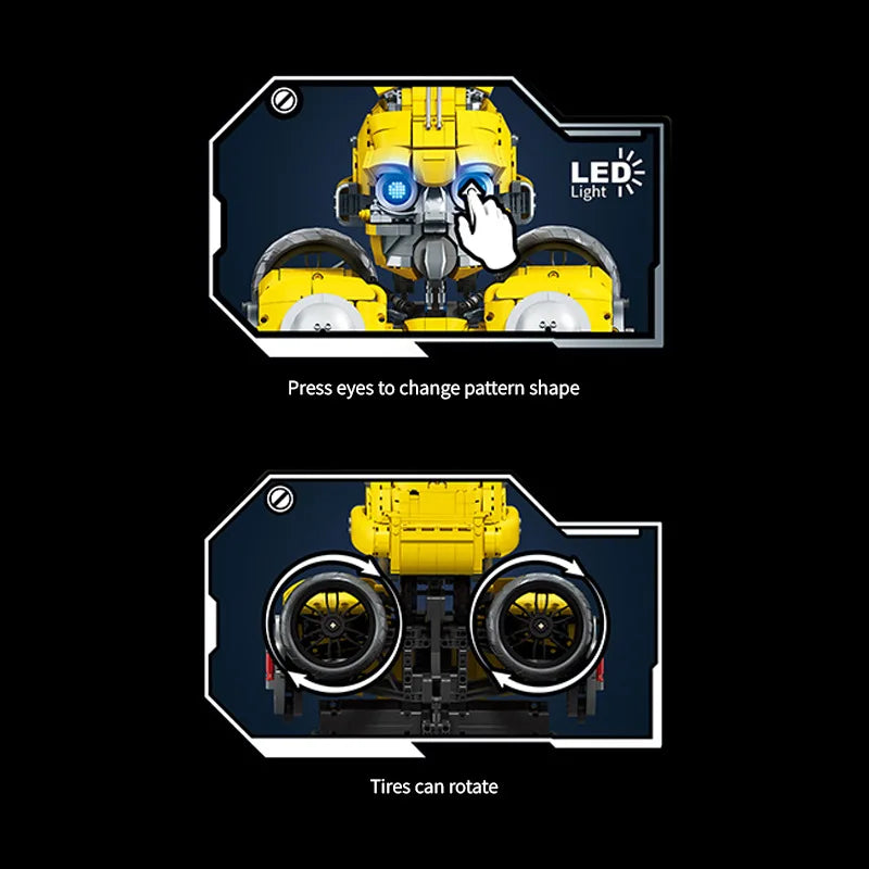 Robot mech amarillo: luces LED en los ojos y neumáticos que giran
