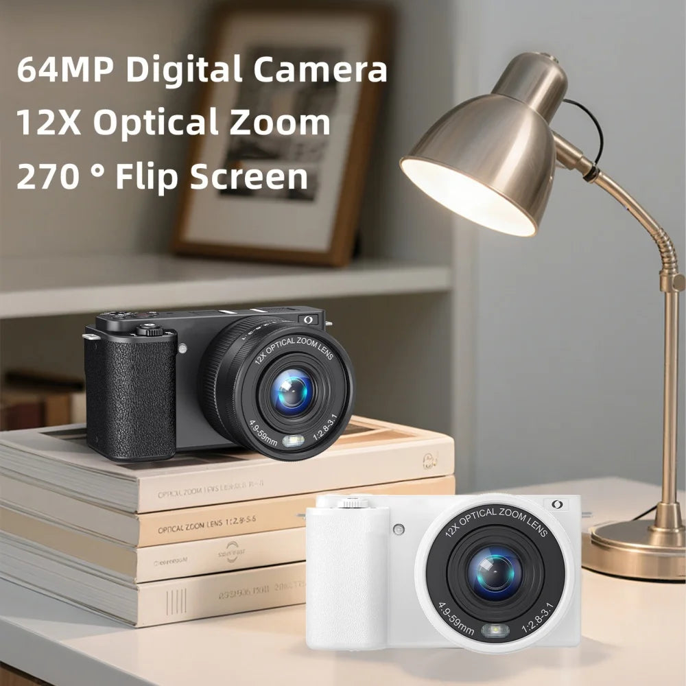 Cámara Digital Selfie 4K de 64MP con Zoom Óptico 12X, Pantalla Abatible, Videocámara Vlog, Grabadora de Video, Cámara Fotográfica, Cámara Web para Transmisión en Vivo