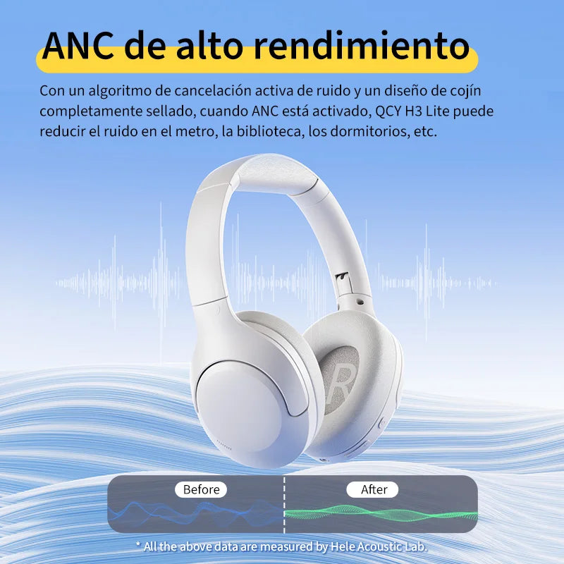 Auriculares inalámbricos QCY H3 Lite con cancelación activa de ruido (ANC), Bluetooth 5.3, controlador de 40 mm, sonido HiFi, audífonos supraaurales con conexión multipunto