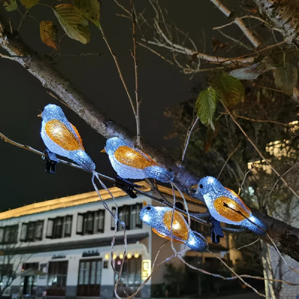 Guirnalda de luces acrílicas impermeables con forma de pájaro, 5 LED, alimentación por USB, batería o energía solar, lámpara de hadas para jardín, paisajismo, decoración de árboles, farol