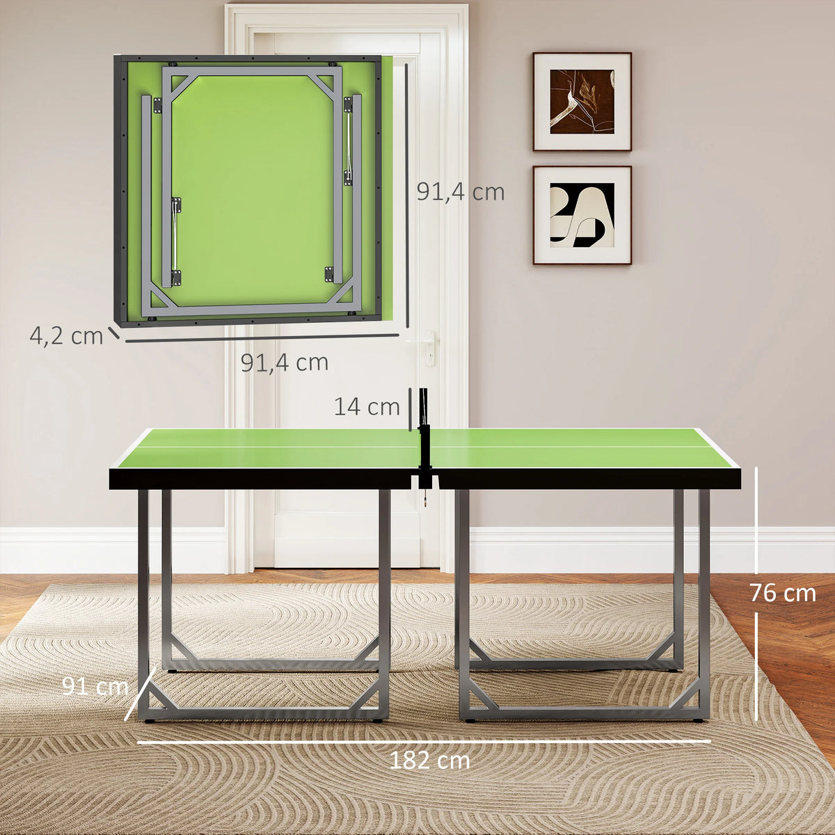 HOMCOMMesa de Ping-Pong Plegable con Red y Marco de Acero Fácil de Transportar para Interior y Exterior 182x91x76 cm Verde