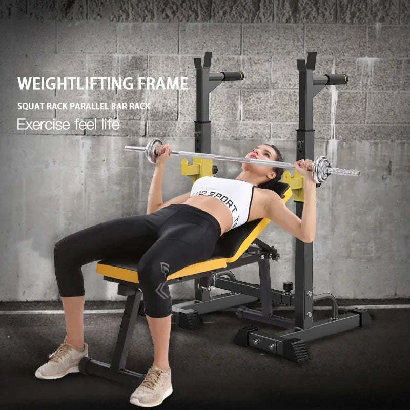 Banco con mancuernas de peso multifuncional mejorado, cama de levantamiento de pesas, barra plegable, banco de entrenamiento de elevación, prensa, equipo de Fitness