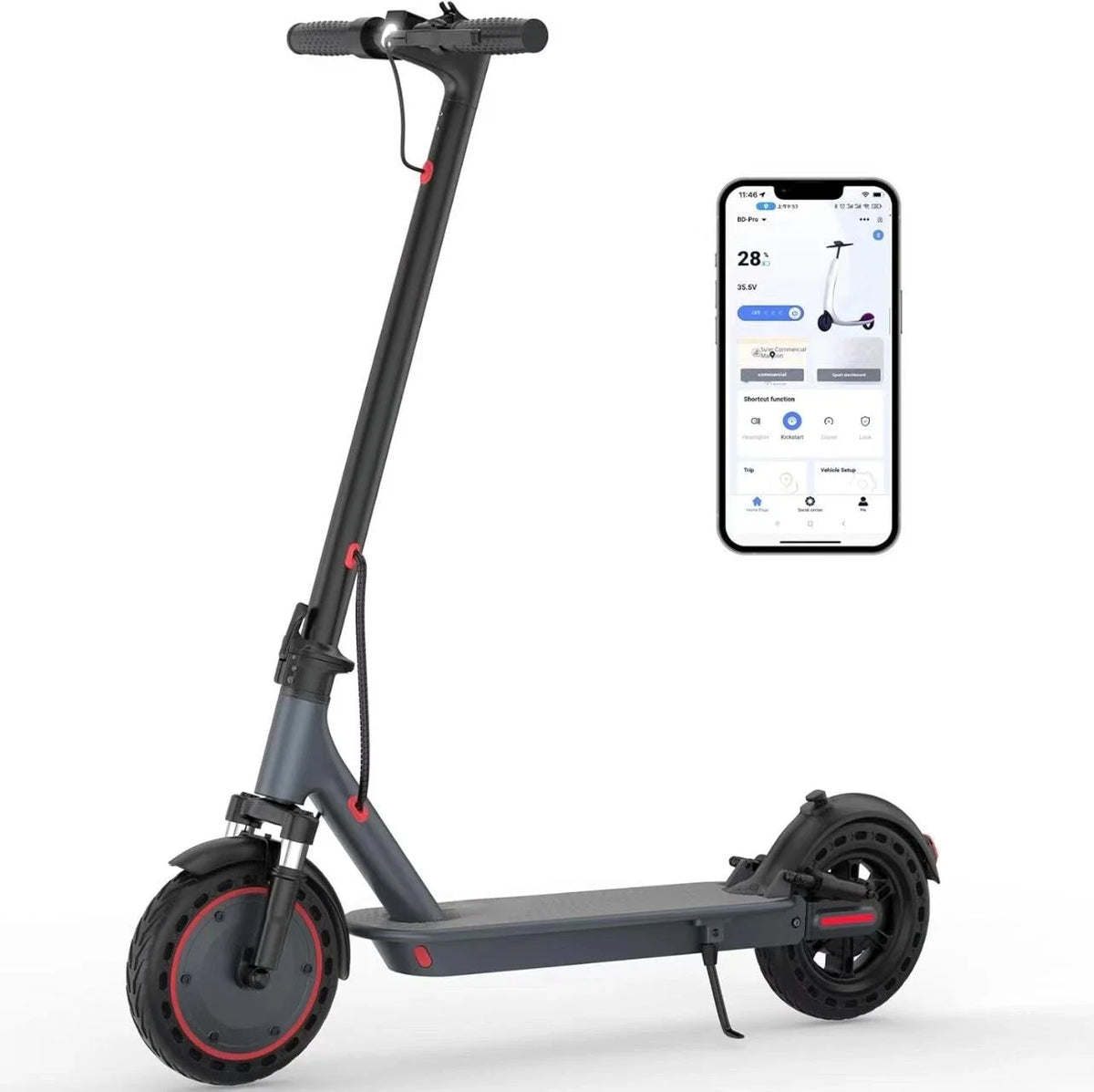 Patinete eléctrico plegable negro con soporte, ruedas 10 pulgadas y app en el móvil