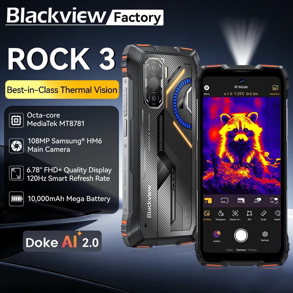 Versión global, teléfono resistente ROCK 3, pantalla de 6.78" 2.4K, 24 GB (8+16) + 256 GB, 10000 mAh, cámara térmica de 108 MP, smartphone con Android 15 y NFC