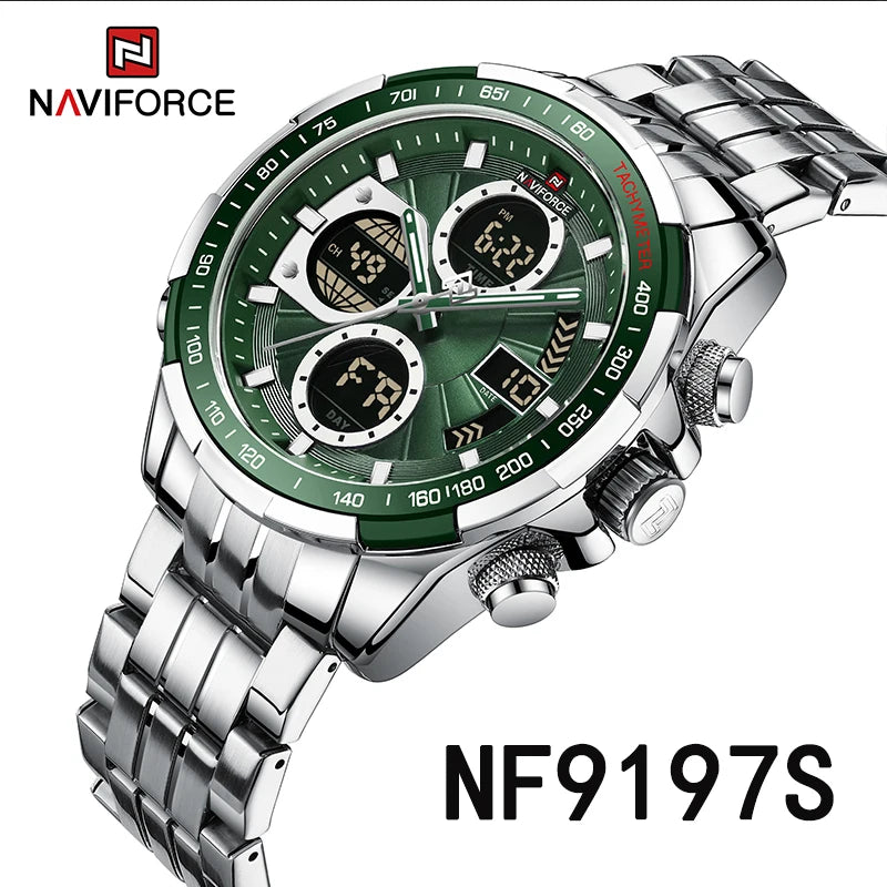 Reloj NAVIFORCE de lujo para hombre, clásico, de cuarzo y digital, reloj de pulsera deportivo militar de acero inoxidable plateado 9197