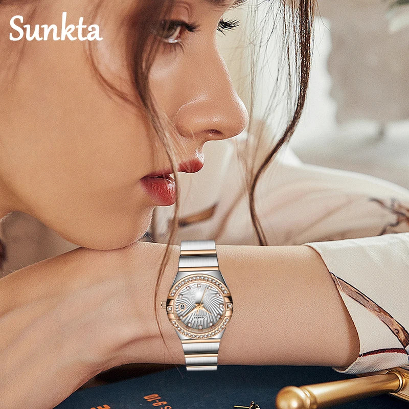 Reloj de mujer Sunkta LIGE de moda, lujo, elegante, retro, con diamantes, sencillo, de acero inoxidable, resistente al agua, casual, con calendario, de cuarzo para mujer