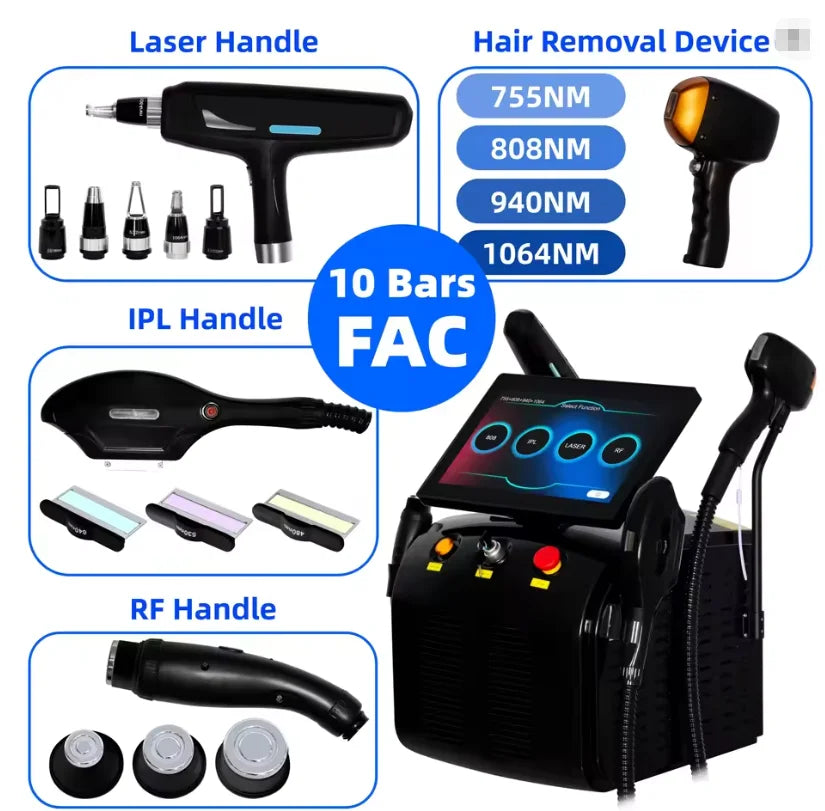 Dispositivo de depilación láser con diodo, 4 en 1, modelo más reciente, con 4 longitudes de onda, tecnología Pico 808, exfoliación con carbón, radiofrecuencia, IPL, Nd Yag y tecnología de picosegundos, para la eliminac
