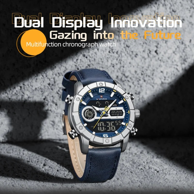 Reloj para hombre NAVIFORCE NF9263 con correa de cuero genuino, cronógrafo, alarma, pantalla luminosa resistente al agua, reloj para hombre con correa de cuero genuino