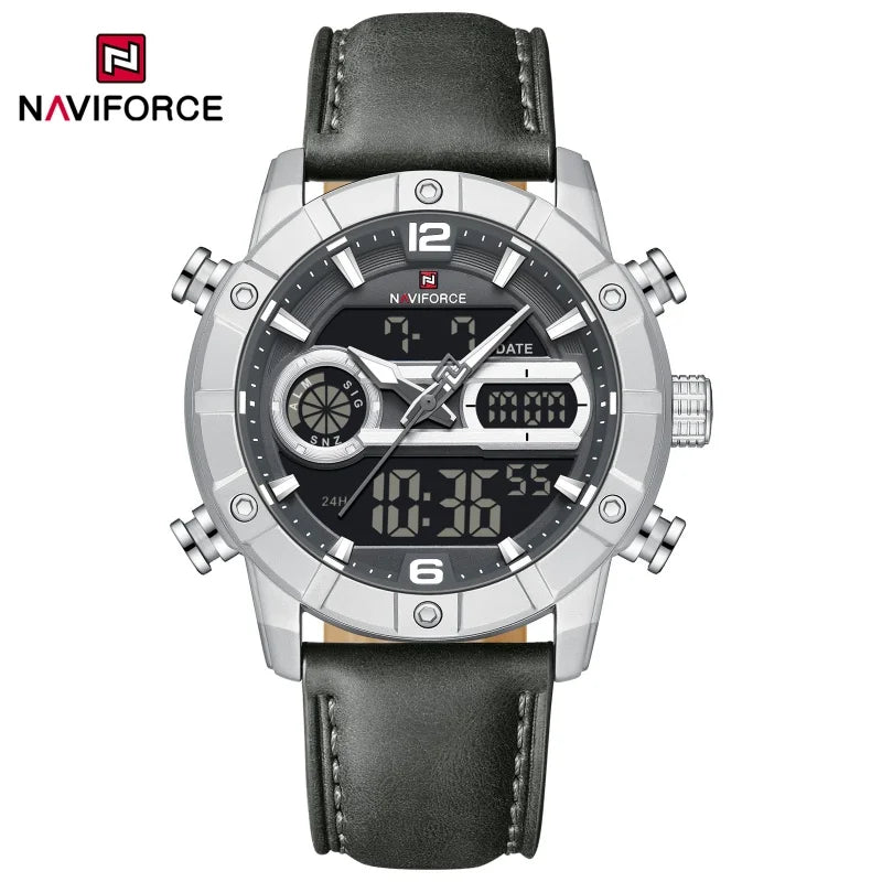 Reloj para hombre NAVIFORCE NF9263 con correa de cuero genuino, cronógrafo, alarma, pantalla luminosa resistente al agua, reloj para hombre con correa de cuero genuino