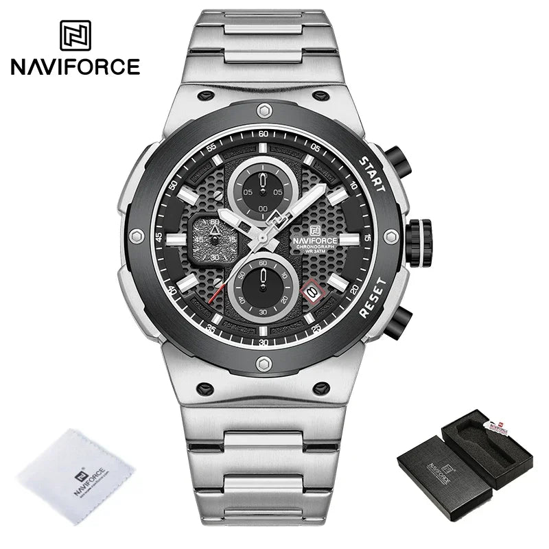 Reloj NAVIFORCE de lujo para hombre, con cronógrafo de cuarzo, luminoso, calendario, resistente al agua, de acero inoxidable, estilo deportivo y militar.