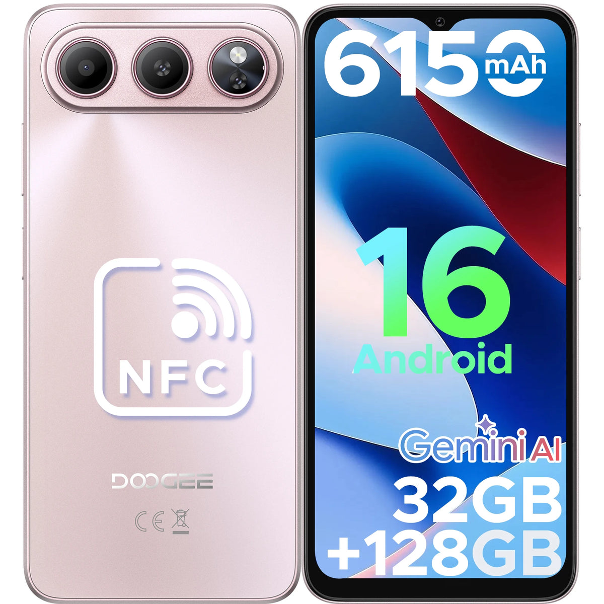 Smartphone DOOGEE Note 60 Android 16, Inteligencia Artificial Gemini, batería de 6150 mAh, 6,56 pulgadas, 32 GB de RAM (3 GB + 29 GB), 128 GB de ROM, cámara principal de 13 MP, compatible con NFC y Google Pay
