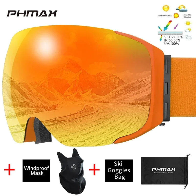 PHMAX-Gafas de esquí UV400 para hombre y mujer, lentes magnéticas antivaho para deportes al aire libre, montaña, Snowboard, gafas de nieve grandes con máscara