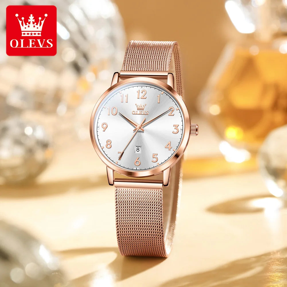 Reloj para mujer OLEVS 5653 con correa de malla, cronógrafo de cuarzo original, fecha, resistente al agua y luminoso.