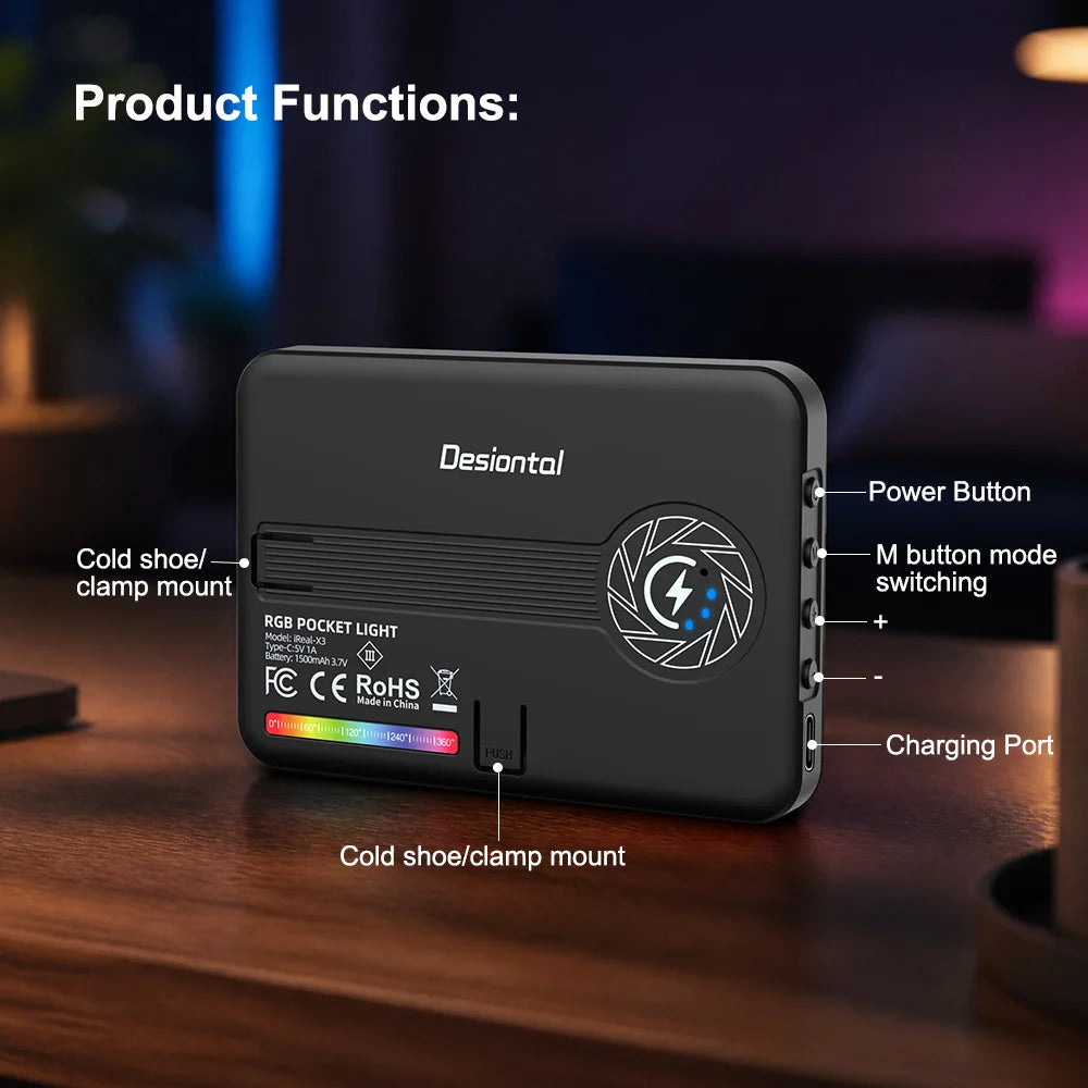 Luz LED RGB para video, panel de iluminación para cámara, CRI95+, 2500-9000K, pantalla LCD, soporte de zapata fría para Vlog, transmisión en vivo, DSLR