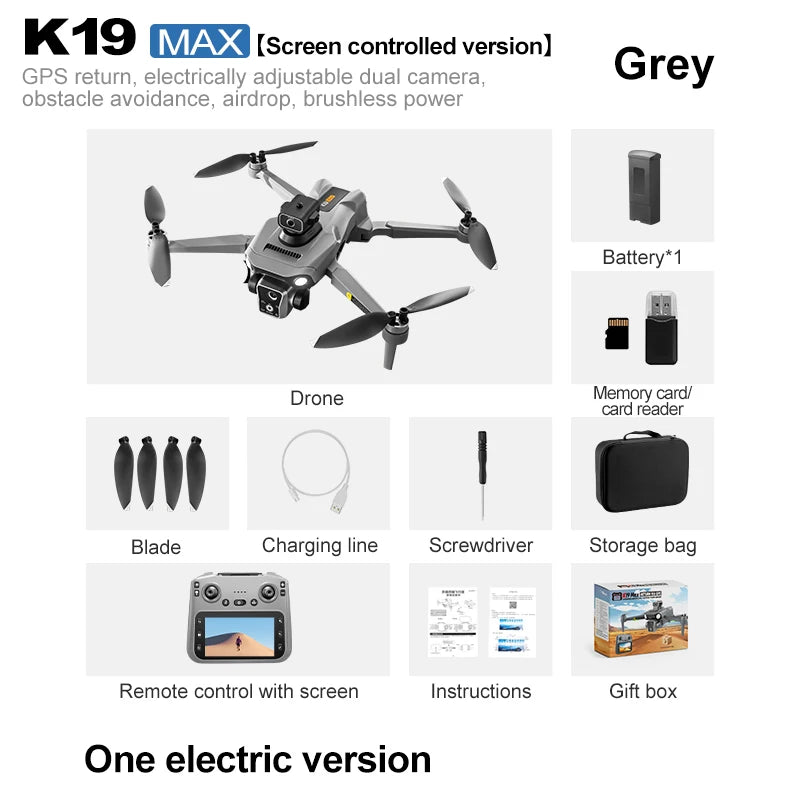 Dron gris con cámara, versión con pantalla y control remoto