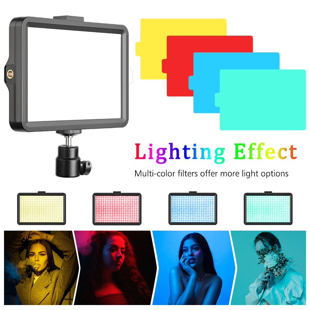 Panel de luz LED de 6 pulgadas para fotografía y video, kit de iluminación para estudio fotográfico con trípode, filtros RGB para grabación y transmisión en vivo.