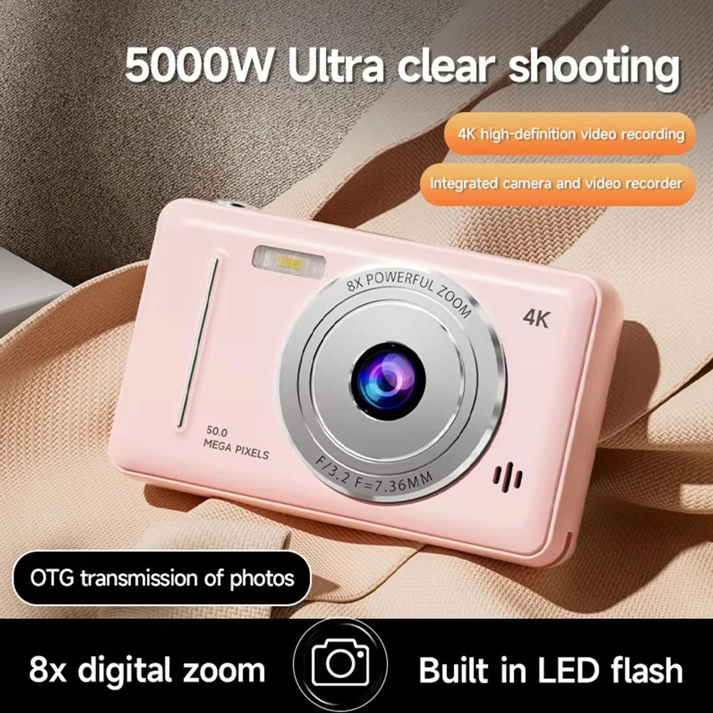 Cámara Digital 4K IPS HD de 50MP con CCD, Pantalla de 2.4 Pulgadas, Autoenfoque, Videocámara para Estudiantes, Cámara Dual 8X y Flash LED para Grabación de Video y Fotos