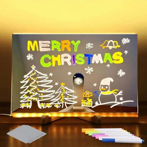 Pizarra LED de vidrio con «MERRY CHRISTMAS» y dibujos navideños en colores