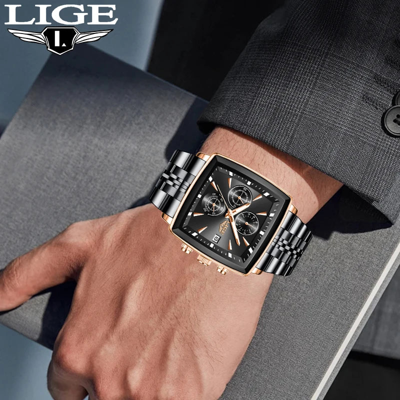 Relojes de lujo LIGE para hombre, esfera cuadrada, acero inoxidable, resistente al agua, luminoso, fecha automática, cronógrafo, reloj de cuarzo para hombre + caja