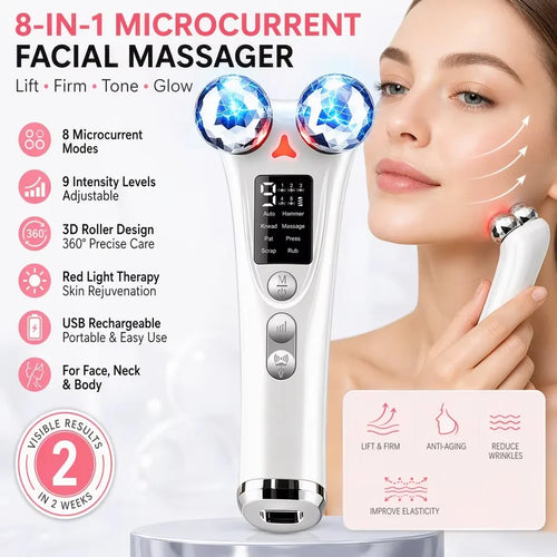 Masajeador facial EMS con 8 modos y 9 niveles de intensidad, con luz LED y diseño de 360 grados. °   Dispositivo de cuidado facial con bolas rodantes para el levantamiento de la piel, recargable por USB.