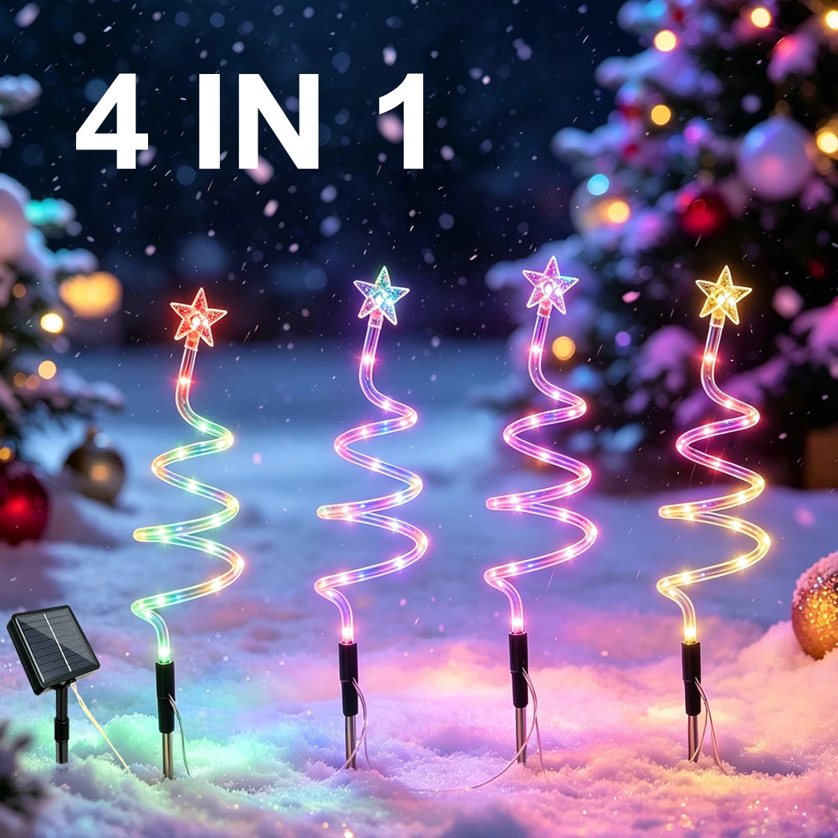 Luces decorativas navideñas solares en espiral 4 en 1, 8 modos de iluminación, lámpara LED RGB y luz cálida, impermeable para jardín, patio y césped