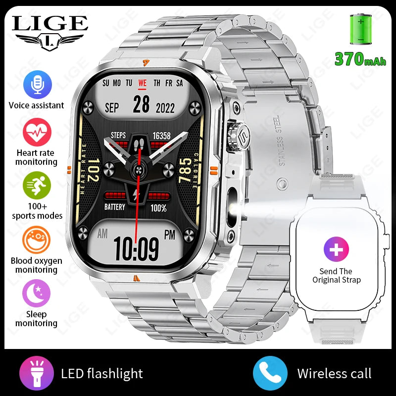 LIGE New Sports Smart Watch 2.01" HD Make Answer Call Voice Assistant Flashlight Outdoor 370mAh Battery Smartwatch For Men Women